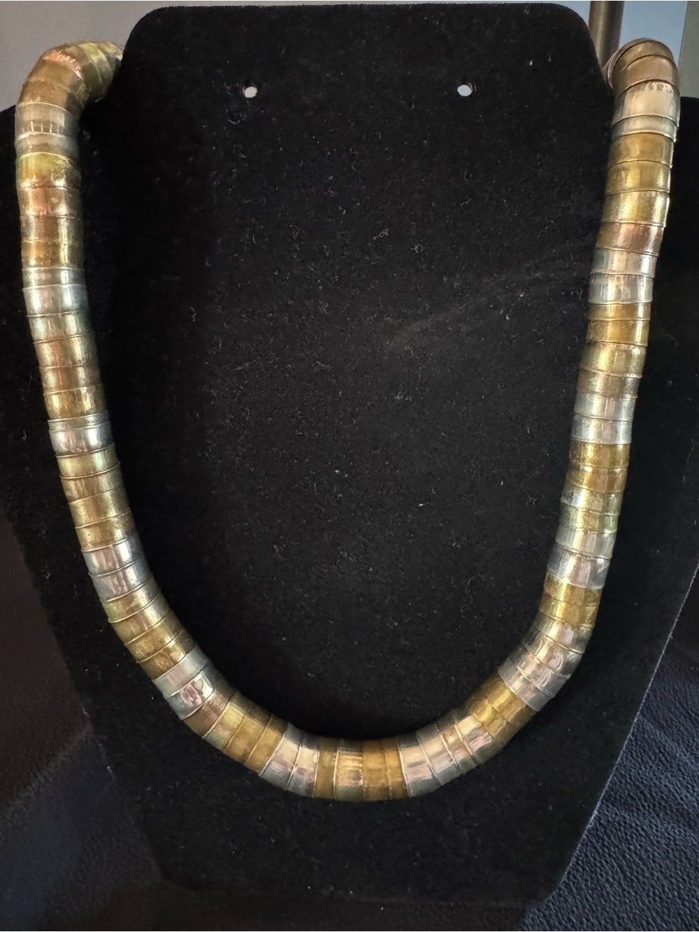 Vintage Mixed Metal Statement Necklace – Brass, Copper & Silver Tone – 30”